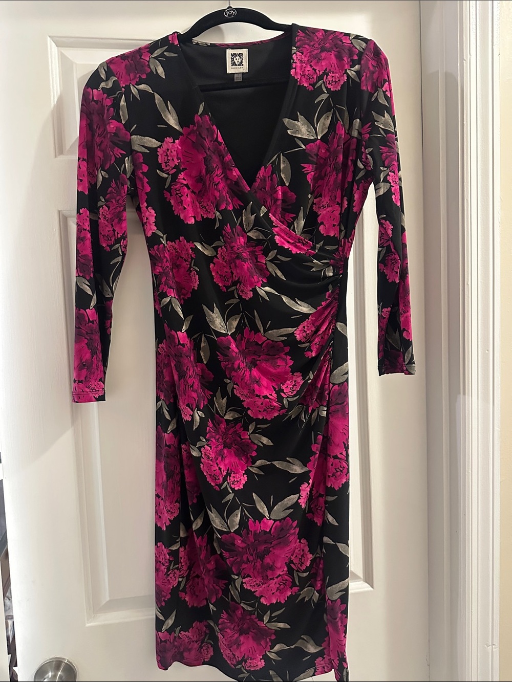 Anne Klein Black Floral Wrap Midi Dress with Pink Peony Print Size 4